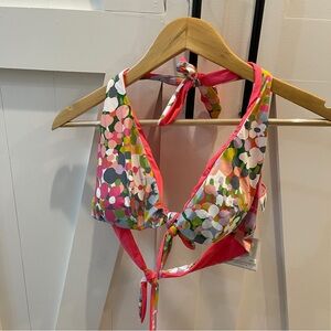 Kate Spade Reversible Floral Dot Halter Bikini Top Size L Pink Tie Bow New NWT